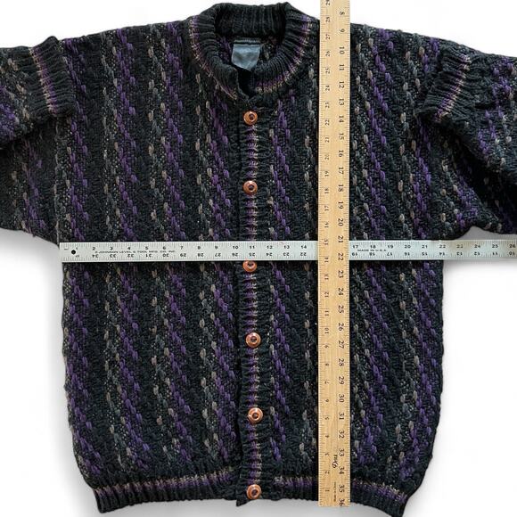 Vintage Chunky Hand Knit Striped Cardigan Sweater Black Purple Grandpa L Preppy - Picture 11 of 11